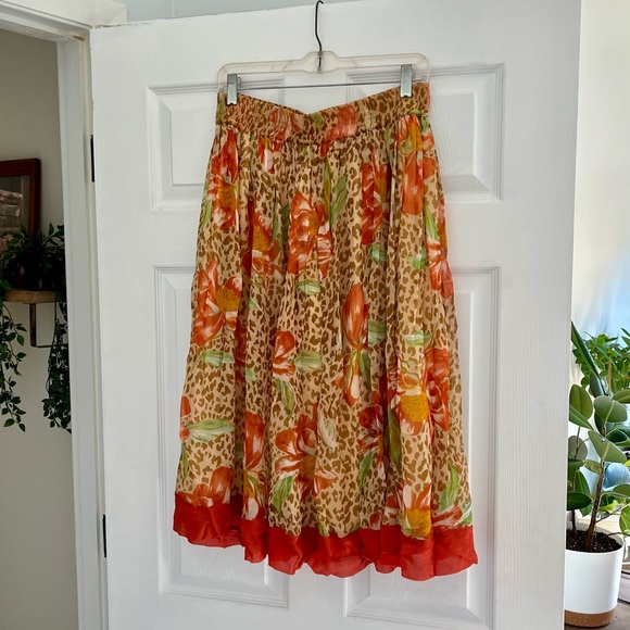 Vintage Derek Green Floral Leopard Print Flowy Orange Brown Midi Skirt Small - Picture 1 of 6